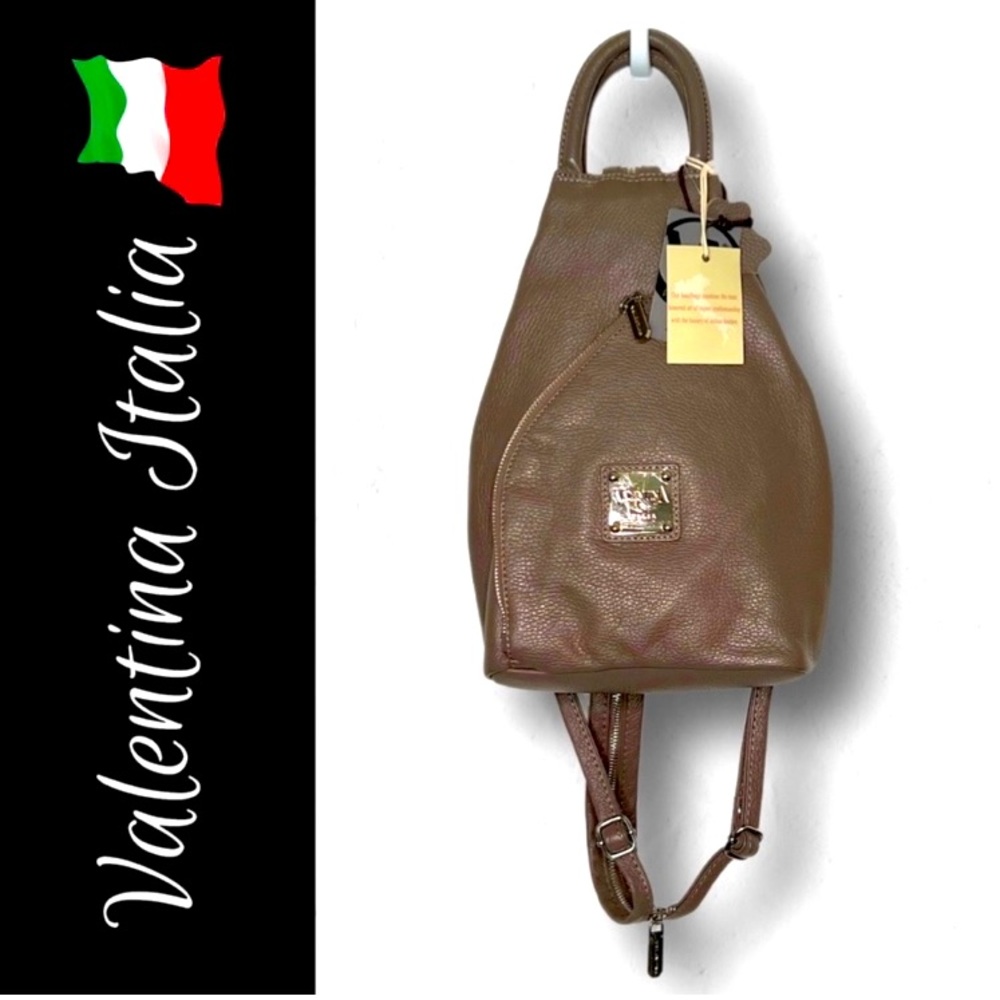 ❀ Valentina Made in Italy Sling Pebbled Leather Taupe Backpack Bag Purse